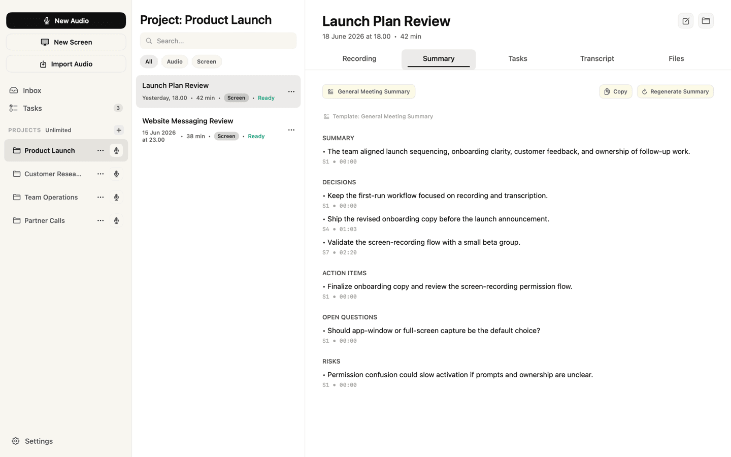 justREC capture overview workspace showing recent meetings, recording controls, and inbox.