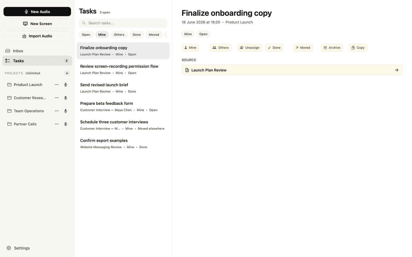 Screenshot of justREC: Action Items & Tasks