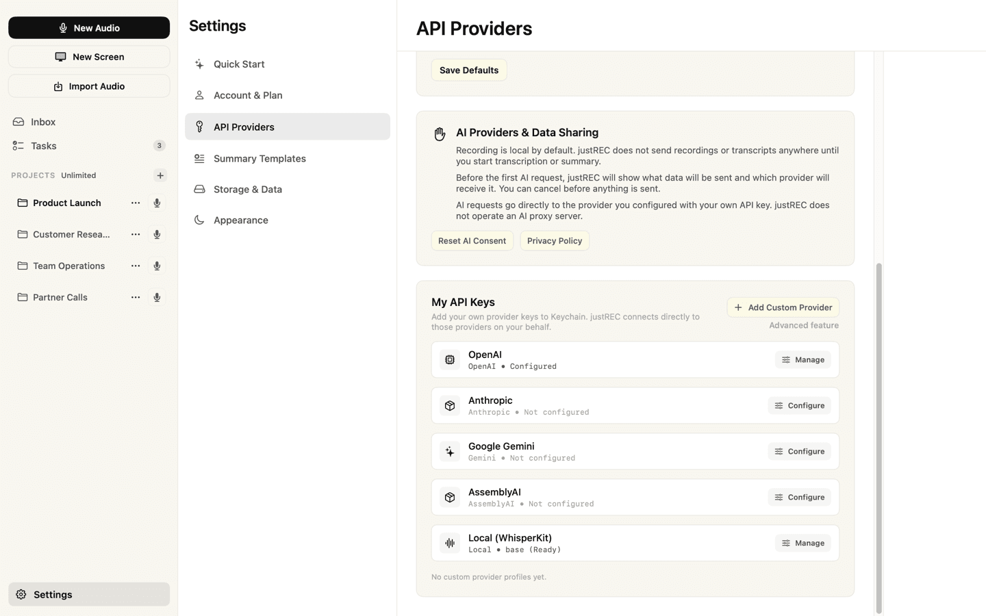 Screenshot of justREC: AI Provider Setup