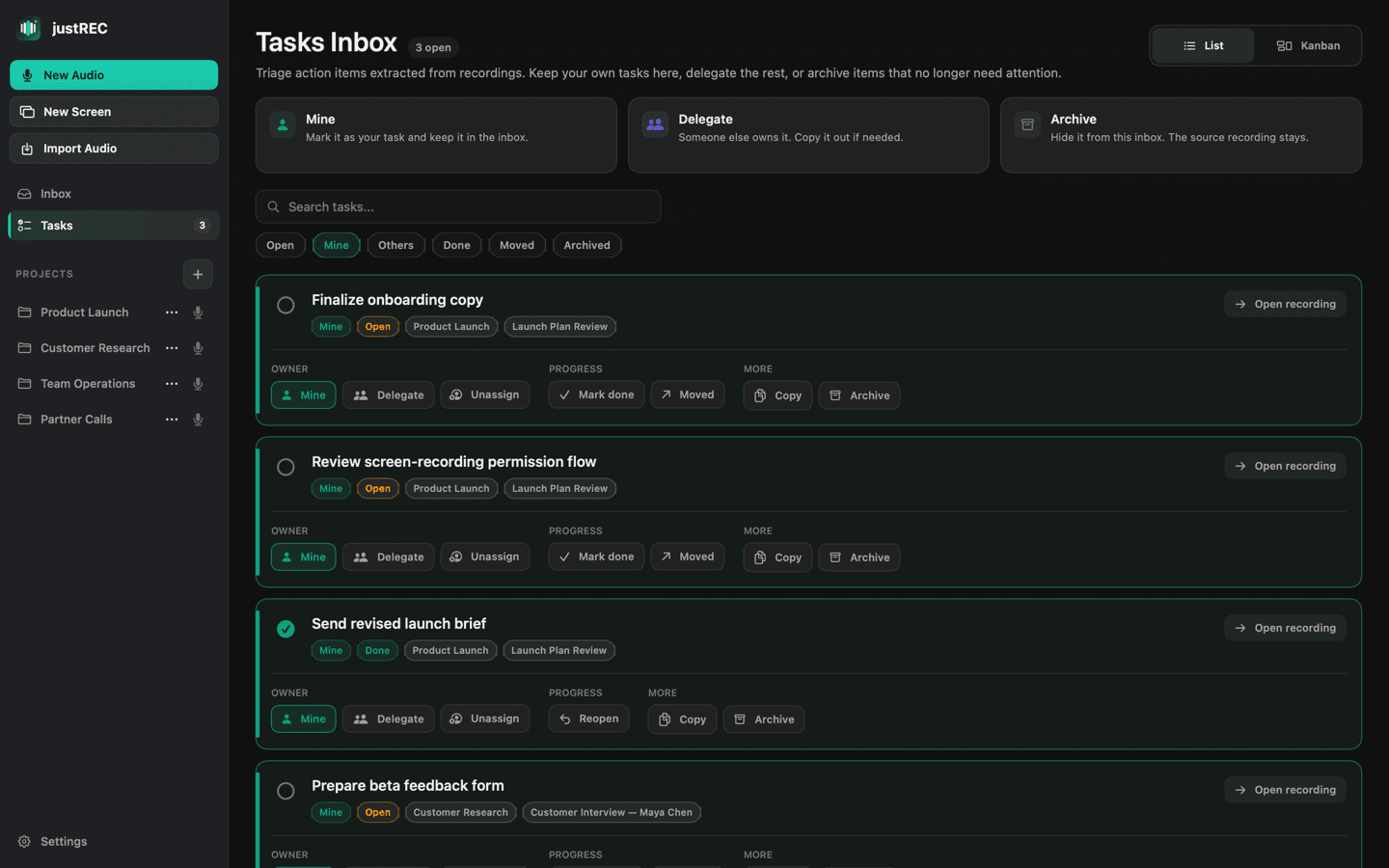 Screenshot of justREC: Action Items & Tasks