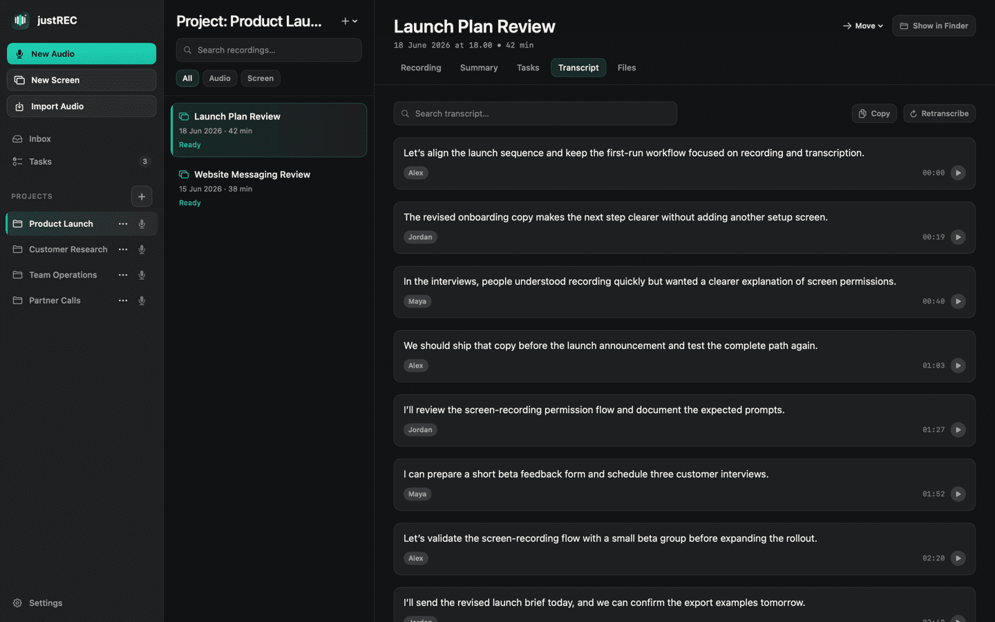 Screenshot of justREC: Interactive Transcripts