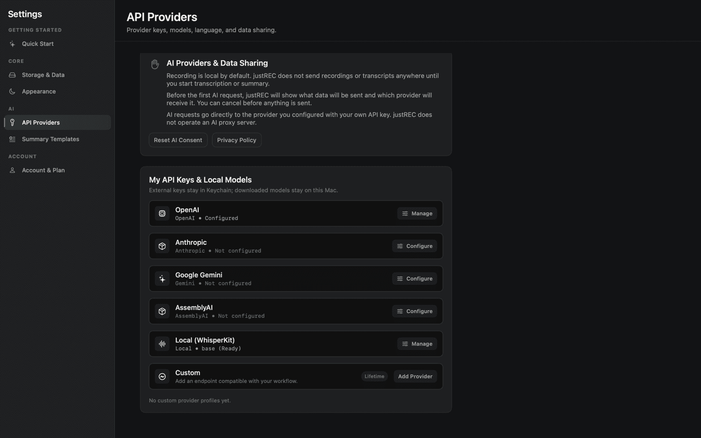 Screenshot of justREC: AI Provider Setup