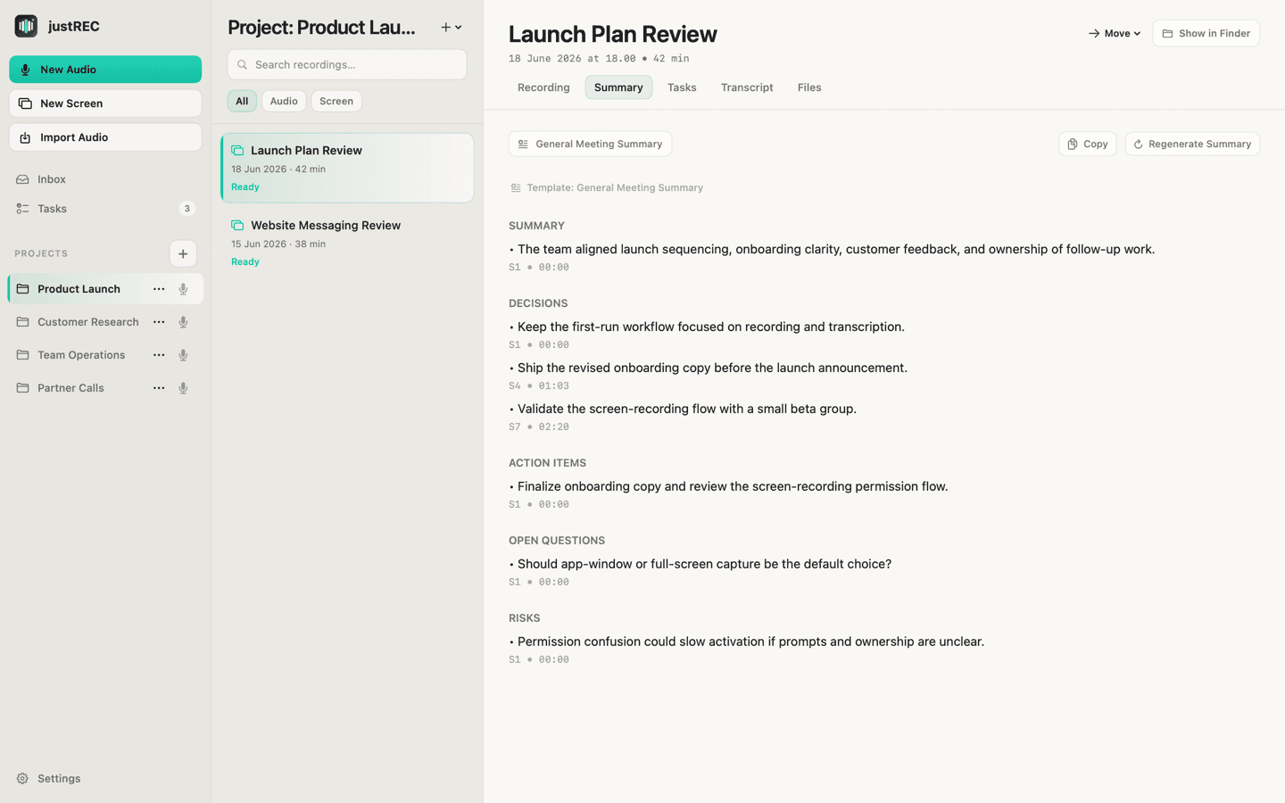 Screenshot of justREC: AI Summaries