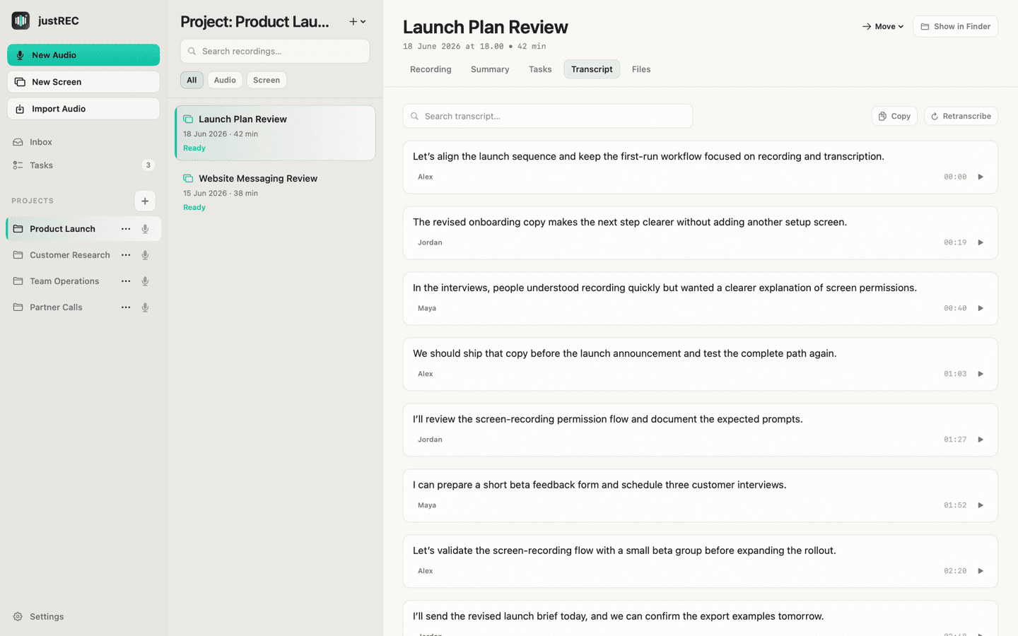 Screenshot of justREC: Interactive Transcripts