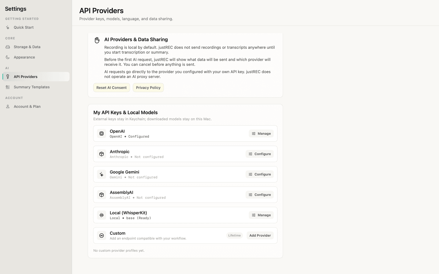 Screenshot of justREC: AI Provider Setup
